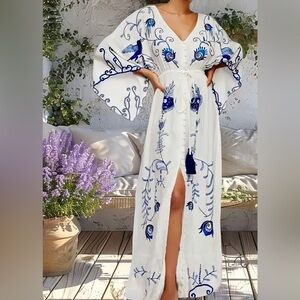 Secret Garden Blue Bird Hearts Embroidered Bohemian Kimono Gown Dress